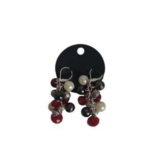 Premier Designs Red and Gray Beads Silver Tone Metal Dangle Statement Earrings